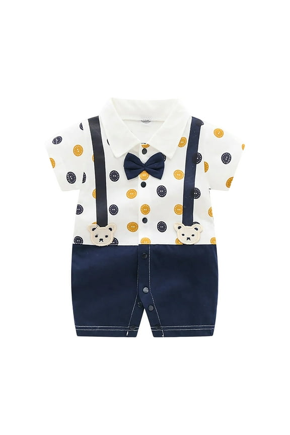 Newborn Baby Boys Gentleman Romper One Piece Short Sleeve Bowtie Outfit Formal Wear Tuxedo Suit 04-Navy 12-18 Months