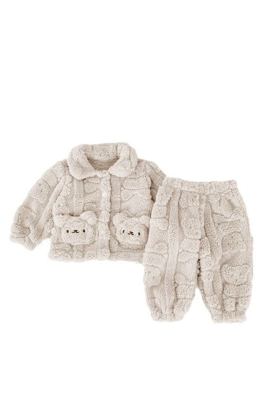 Newborn Baby Boys Girls Winter Fuzzy Clothes Set Toddler Fleece Long Sleeve Cardigan Tops and Pants 2PC Outfit Beige 6-9 Months