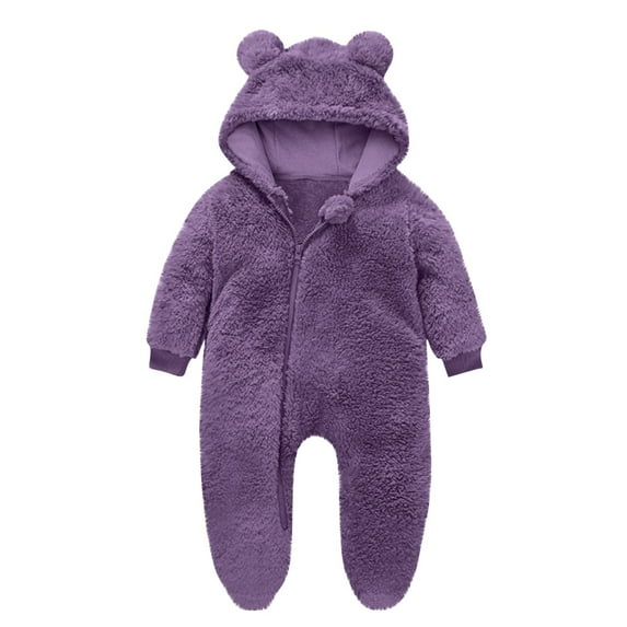 Atogsazn Newborn Baby Fuzzy Clothes Jumpsuit Infant Fleece Long Sleeve Hooded Romper Winter Warm Clothes 01-Purple 6-9 Months