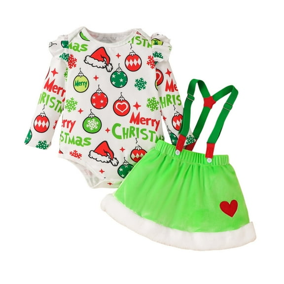 Atogsazn Newborn Baby Girl Christmas Set Cotton Ruffle Long Sleeve Print Romper and Suspender Skirt Outfit Winter Clothes Green 6-9 Months