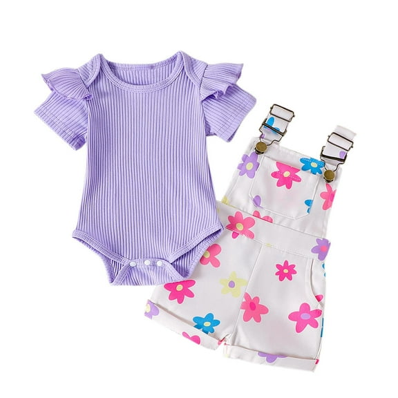 Atogsazn Newborn Baby Girl Clothes Summer Outfit Short Sleeve Ribbed Romper Floral Suspender Overalls Shorts Set Purple 2-3 Years