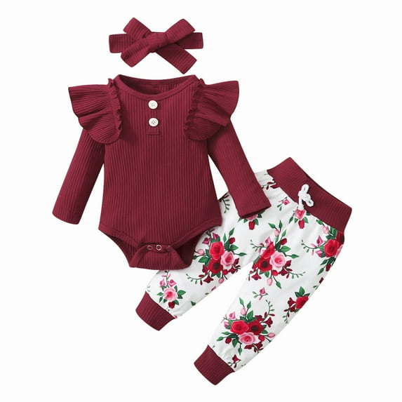 Atogsazn Newborn Baby Girl Cotton Outfits Toddler Ruffled Long Sleeve Bodysuit Tops + Floral Pants Baby Clothes Set 06-Red 12-18 Months