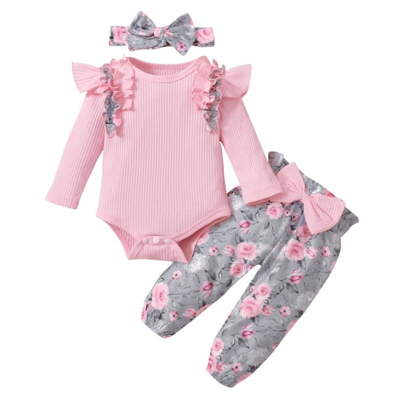 Atogsazn Newborn Baby Girl Cotton Outfits Toddler Ruffled Long Sleeve Bodysuit Tops + Floral Pants Baby Clothes Set 08-Pink 18-24 Months