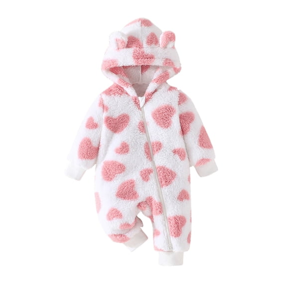 Atogsazn Newborn Baby Girl Plush Fuzzy Snowsuit Infant Fleece Zip Up Long Sleeve Hooded Jumpsuit Winter Warm Clothes A-Pink 3-6 Months