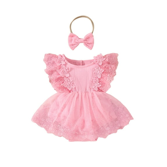 Atogsazn Newborn Baby Girl Romper Dress Sleeveless Mesh Dress Baby Girls Lace Tulle Dress Jumpsuits with Headband Pink 3-6 Months
