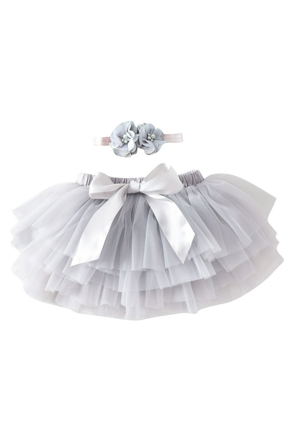 Newborn Baby Girl Skirt Infant Party Carnival Mesh Tulle Elastic Waist Skirts Hairband Clothes Fashion Gray 2-3 Years