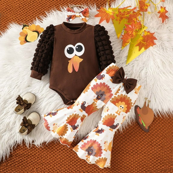 Atogsazn Newborn Baby Girl Thanksgiving Romper Set Ribbed Print Long Sleeve Jumpsuit and Pants Set Outfits Clothes Brown 0-3 Months