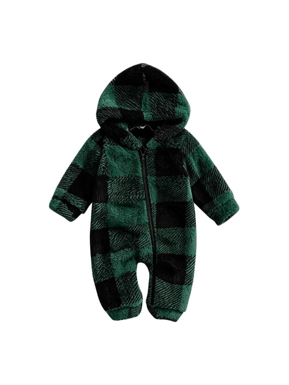 Newborn Baby Girls Fleece Plaid Jumpsuit Toddler Boys Zipper Sherpa Long Sleeve Romper Winter Warm Clothes Army Green 9-12 Months Fashion