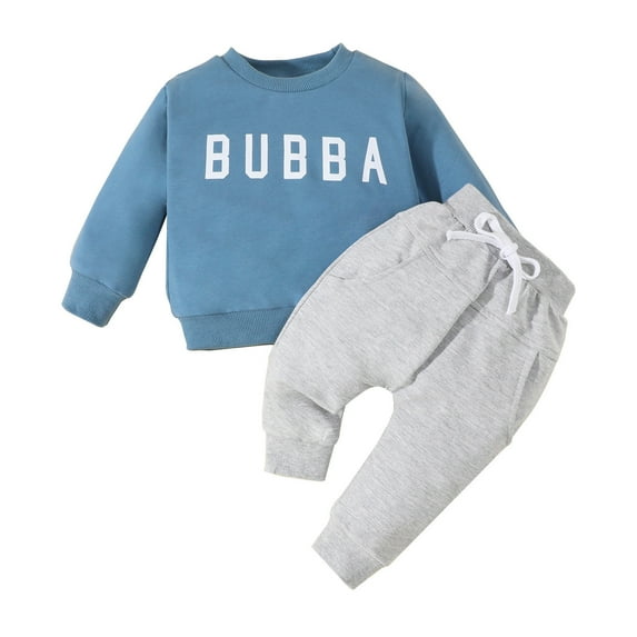 Atogsazn Newborn Boys Fall Winter Clothes Set Toddler Letter Printed Sweatshirt and Pants Outfit Clothes Blue 0-6 Months on Clearance