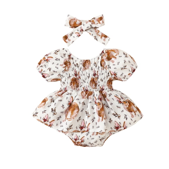 Atogsazn Newborn Easter Outfit Baby Girls Bunny Dress Romper Smocked Dresses Onesie Easter Clothes Headband Two Piece Set Brown 3M