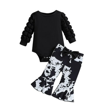 Atogsazn Newborn Girls Winter Clothes Outfit Infant Long Sleeve Ribbed Romper Flare Printed Pants Set with Headband Black 0-3 Months on Clearance
