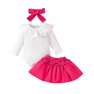 Atogsazn Newborn Infant Girls Romper Set Baby Girl Knit Long Sleeve Lace Jumpsuit and Skirt Outfits Summer Clothes Hot Pink 0-3 Months on Clearance