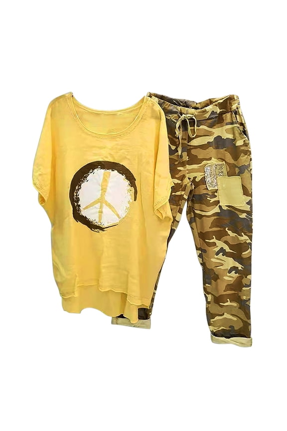 Outfits for Women 2 Piece Sets Cotton Linen Half Sleeve Blouse and Loose Camouflage Pants Tracksuit Lounge Sets Yellow L