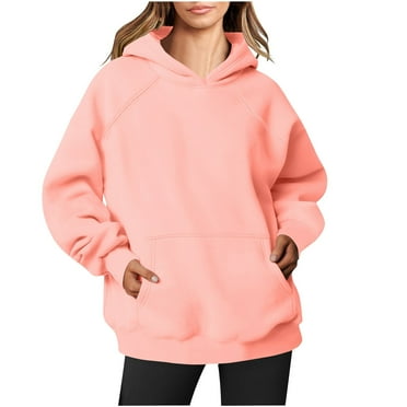 Atogsazn Oversized Sweatshirt for Women Solid Color Hoodies Pullover Tops Long Sleeve Sports Sweatshirt Fall Winter Clothes with Pocket Pink XL on Clearance