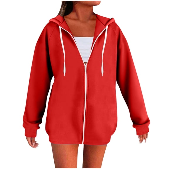 Atogsazn Oversized Zip Up Hoodies for Womens Casual Loose Long Sleeve Sweatshirt Fall Clothing Tops Outerwear 01-Red XXL Fashion