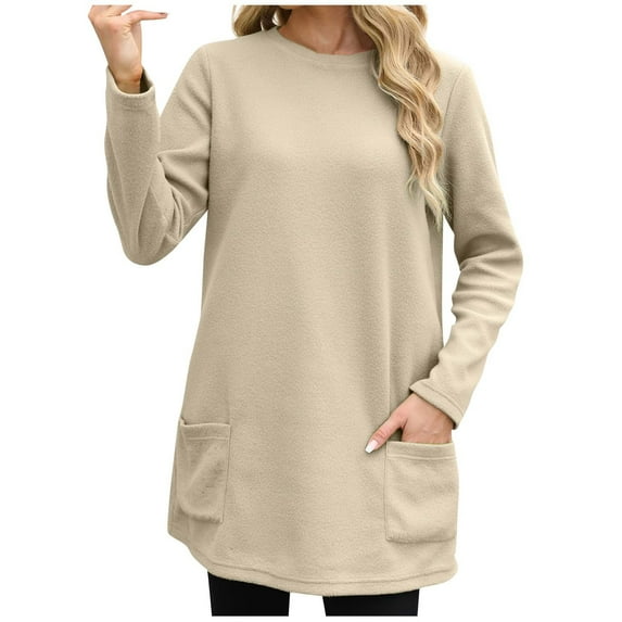 Atogsazn Plus Size Blouse for Women Casual Loose Long Sleeve Cotton Shirt Fall Crew Neck Pullover Tops Clothing Khaki M Fashion