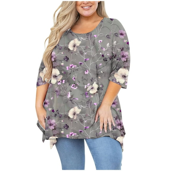 Atogsazn Plus Size Blouses for Women's Tunic 3/4 Sleeve Clothes Crewneck Top Side Split Crewneck Blouse Flowy Shirts 02-Gray XXXXXL