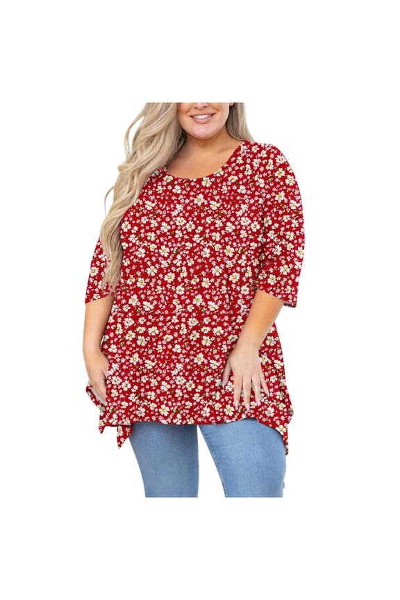 Plus Size Blouses for Women's Tunic 3/4 Sleeve Clothes Crewneck Top Side Split Crewneck Blouse Flowy Shirts 02-Red XXL