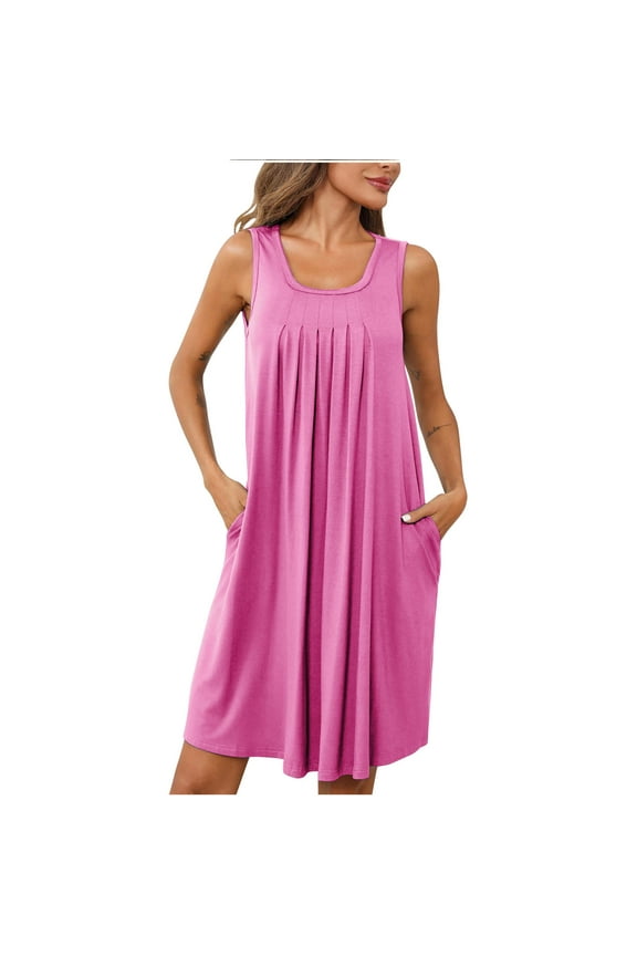 Plus Size Dresses for Curvy Women Sleep Shirts Dress Sleeveless Round Neck Nightdress Summer Casual Dress With Pockets Pink XXL