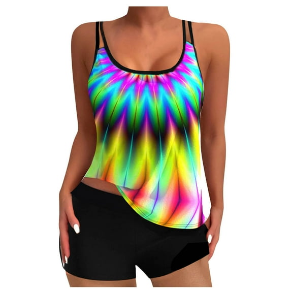 Atogsazn Plus Size Swimsuit for Women with Swim Shorts Two Piece Bathing Suits Tankini Print Tank Top Swimwear Yellow XXXL on Clearance