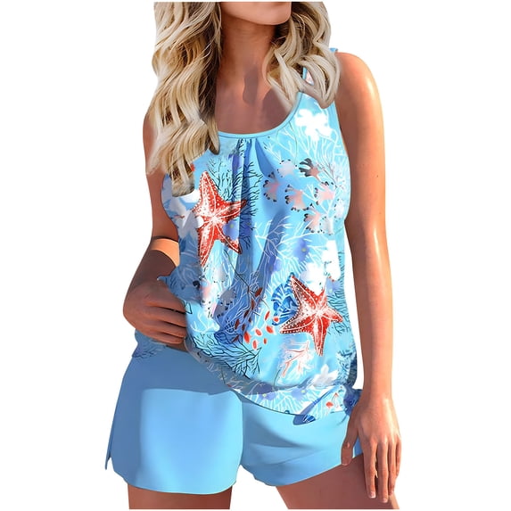 Atogsazn Plus Size Tankini Bathing Suits for Women Plus Size Swimsuit for Women Tummy Control Athletic Swimwear with Shorts Blue L on Clearance