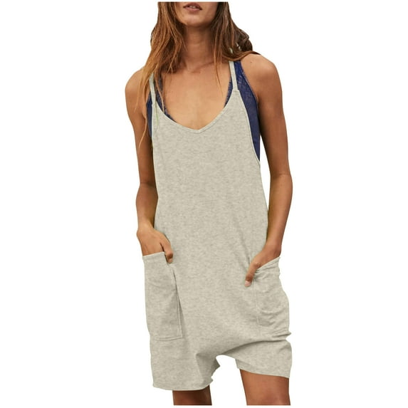 Atogsazn Romper for Womens Casual Overalls Sleeveless Strap Loose Jumpsuits Solid Color Stretchy Shorts Romper With Pockets Beige M