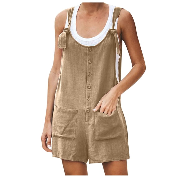 Atogsazn Rompers for Women Casual Summer Button Cotton Linen Rompers Overalls Suspender Shorts Jumpsuit with Pockets Khaki M on Clearance