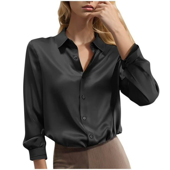 Atogsazn Satin Blouses for Women Casual Button Down Silk Work Shirt Business Long Sleeve Tops Clothing Black M Fashion