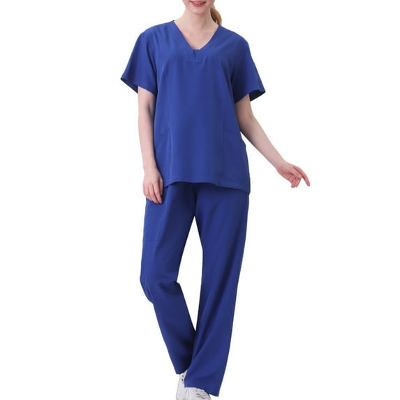 Atogsazn Scrub Set for Women Summer 2 Piece Outfits Casual V Neck Short Sleeve Suit Solid Color T Shirt and Jogger Pants Set Blue XL