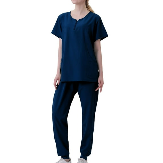 Atogsazn Scrub Suit Set for Women Casual Short-Sleeved Solid Color Pocket V-Neck Stretch Top & Pants Nursing Uniform Scrub Set Navy XL