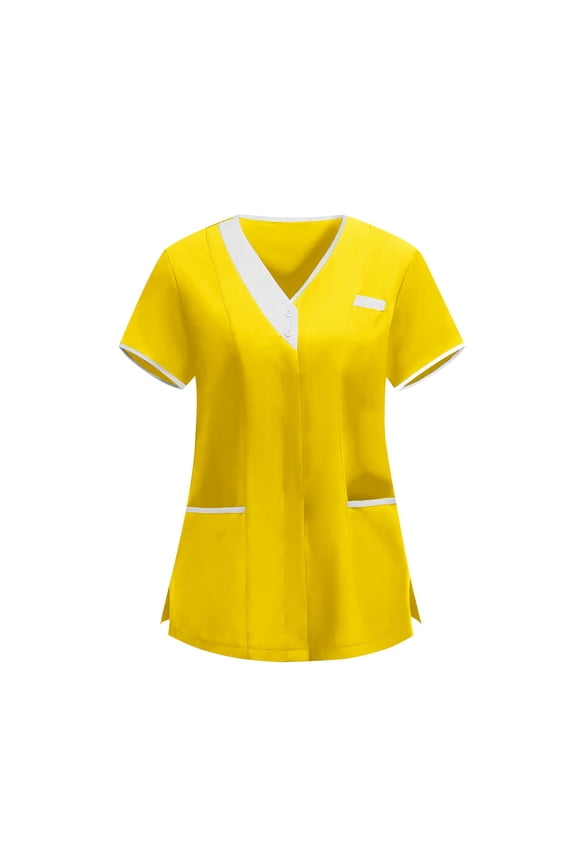 Scrub Top for Women V Neck Short Sleeve Button Down Uniform with Pockets Work Tunic Clothes Yellow Fashion