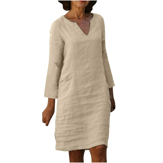 Atogsazn Spring Dress for Women 2024 Casual Cotton and Linen Dresses Waist V Neck Long Sleeve Solid Color Loose Dress Khaki XXL
