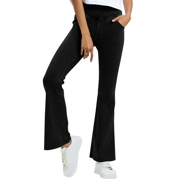 Atogsazn Stretchy Flare Jean for Women Casual Yoga High Waisted Denim Pant with Pockets Fashion Clothes 01-Black XXL