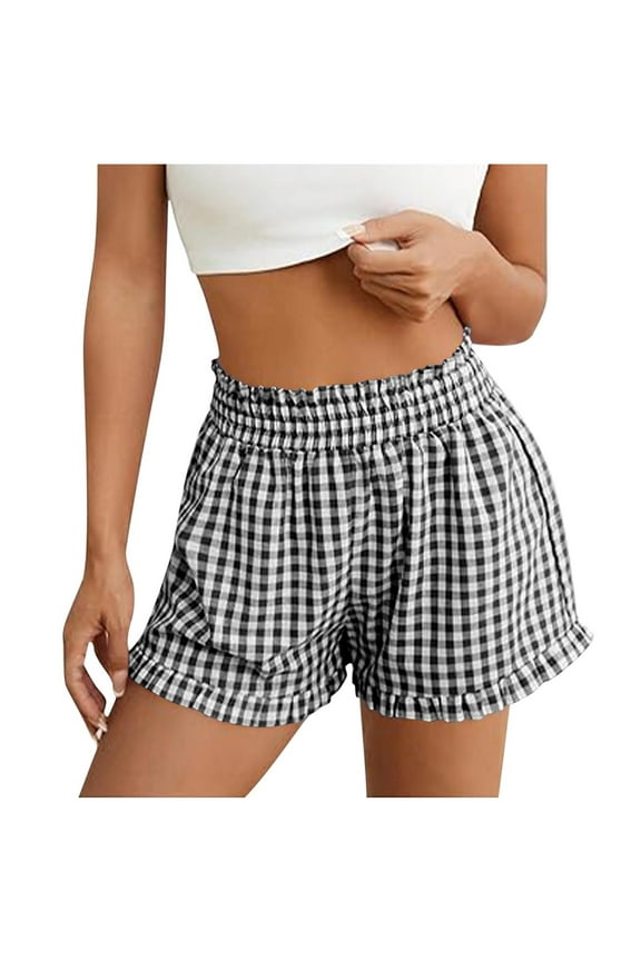Striped Shorts for Women High Waisted Trendy Casual Pull On Elastic Waist Beach Shorts Fashion 04-Black S