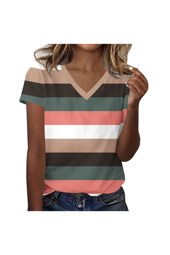 Striped Tshirt for Women Casual V Neck T-shirt Pullover Short Sleeve Tunic Tops Loose Fit Shirt Pink Fashion