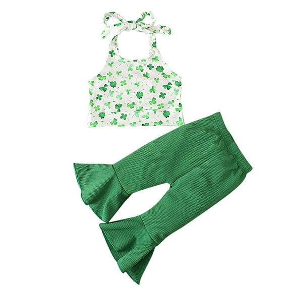 Atogsazn Summer Baby Cute Clothes St. Patrick's Day Girls Round-Neck Printing Tank Top+Flare Pants Two-piece Set for 18-24 Months Baby Green on Clearance