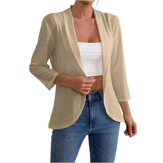 Atogsazn Summer Cardigan Tops for Women Casual Lightweight 3/4 Sleeve Blouse Flowy Outfit Eyelet Shirts Beige L