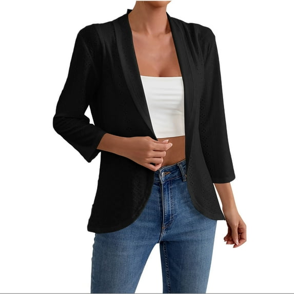 Atogsazn Summer Cardigan Tops for Women Casual Lightweight 3/4 Sleeve Blouse Flowy Outfit Eyelet Shirts Black XXL