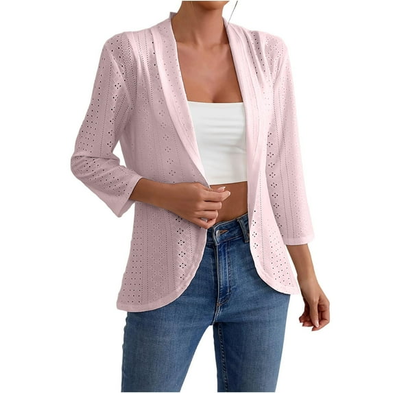 Atogsazn Summer Cardigan Tops for Women Casual Lightweight 3/4 Sleeve Blouse Flowy Outfit Eyelet Shirts Pink XXL
