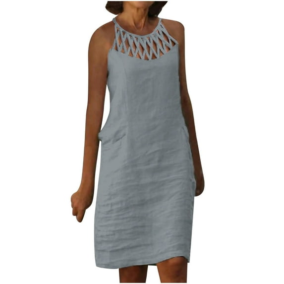Atogsazn Summer Cotton Linen Dress for Women Crochet Hollow Out Boho Beach Sundresses Casual Halter Dress Gray XL Clearance Sale