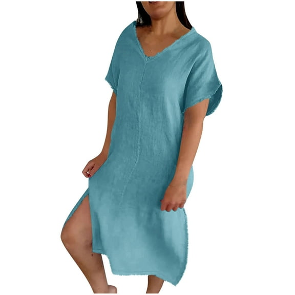 Atogsazn Summer Dress for Women 2025 Casual V Neck Linen Baggy Short Sleeve Dresses Fashion Loose Clothes 01-Blue S