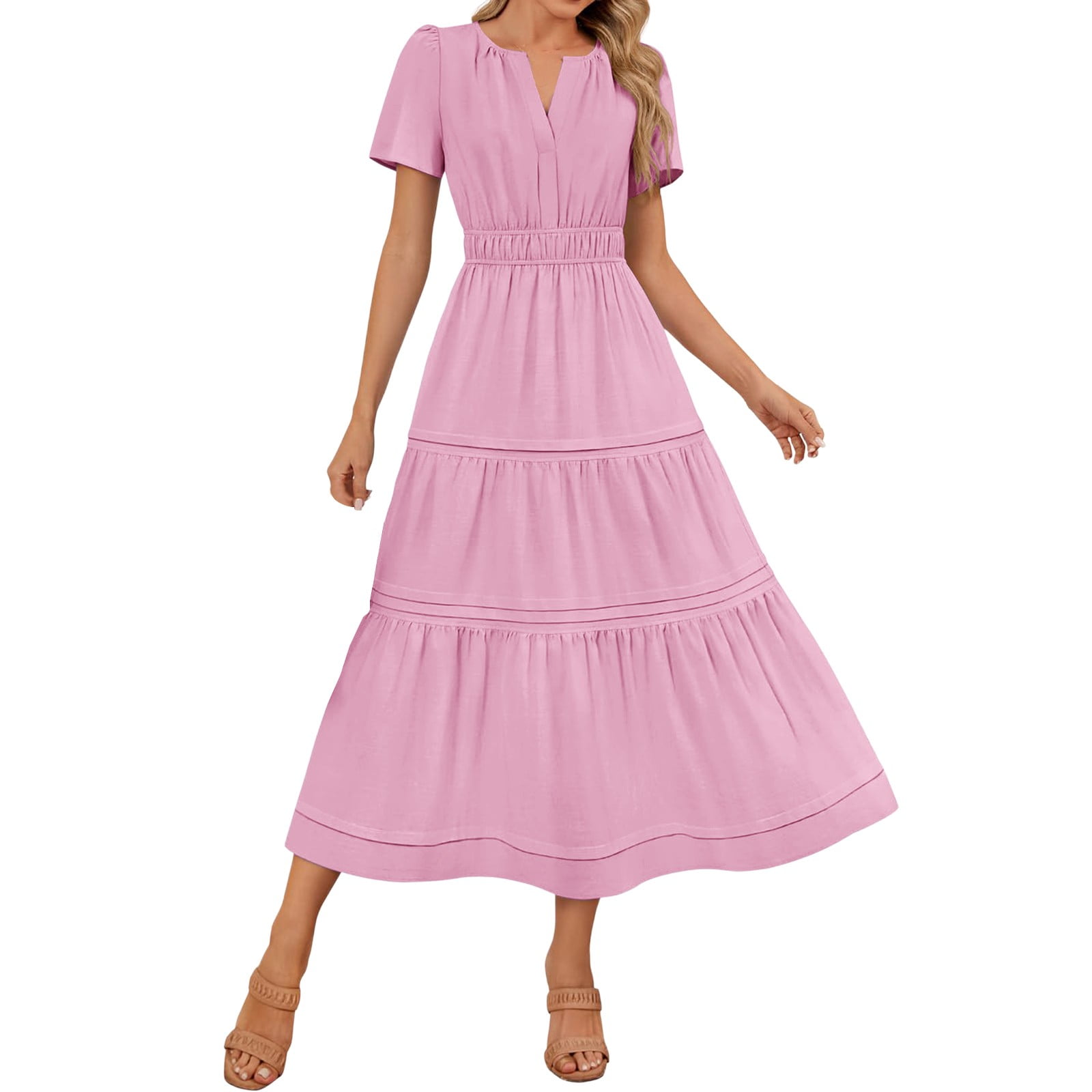 Atogsazn Summer Dress for Women Casual Ruffle V Neck Short Sleeve Boho Maxi  Dresses A-lined Beach Dress Outfit Pink M - Walmart.com