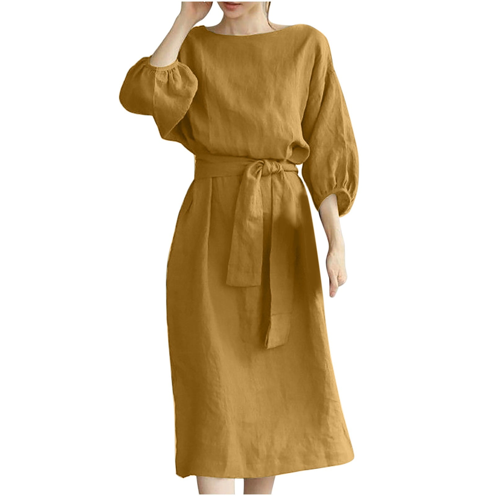 Atogsazn Summer Dress for Women Casualcotton 3/4 Sleeve Dress formal  Elegant Solid Waist Long Dress with Belt Gold XL - Walmart.com