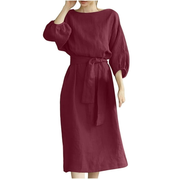 Atogsazn Summer Dress for Women Casualcotton 3/4 Sleeve Dress formal Elegant Solid Waist Long Dress with Belt Watermelon Red XXXXL