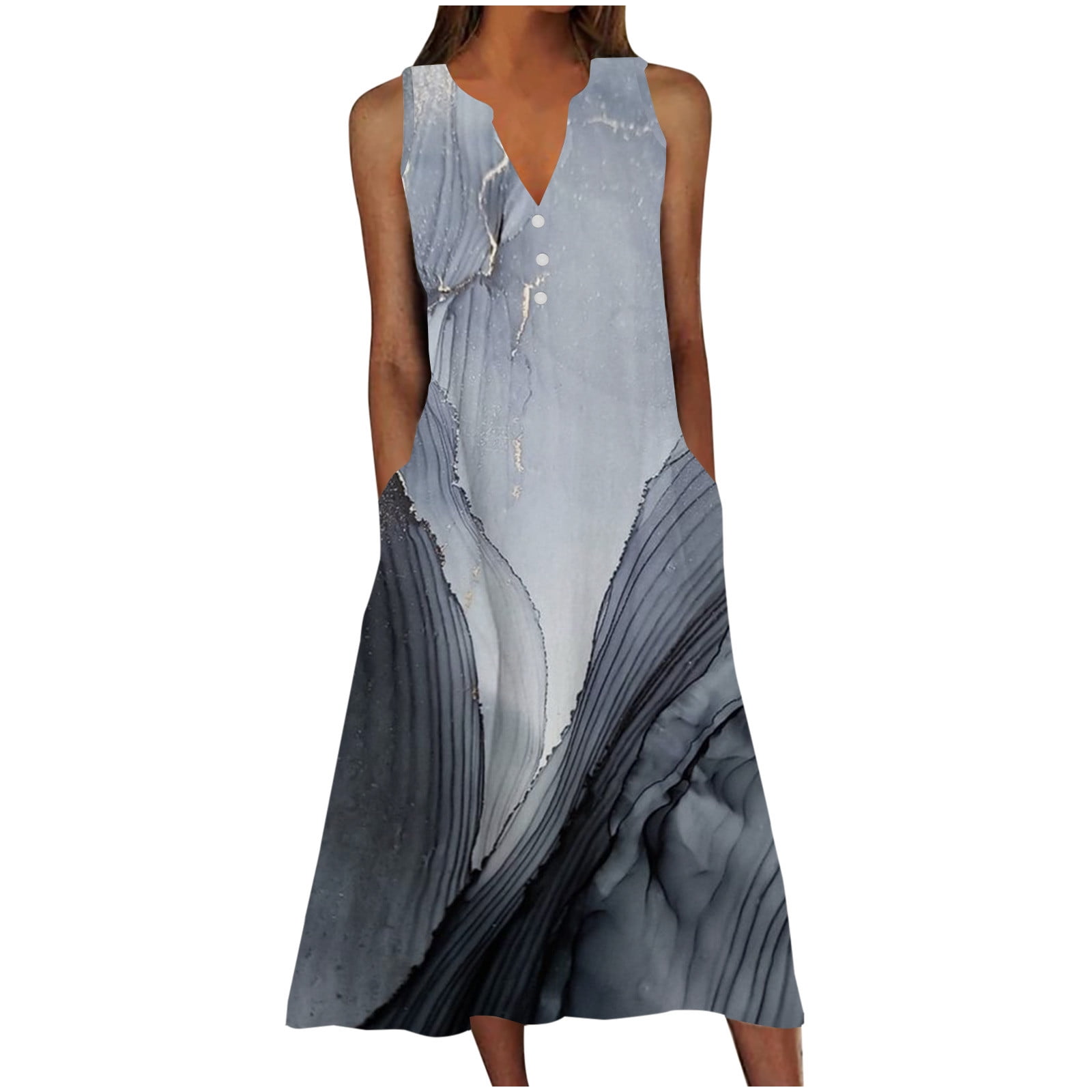 OFEEFAN Women's Summer Sundress - Sleeveless, Pleated, With Pockets, Royal Blue, Large - View #3