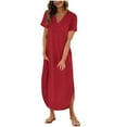 thumbnail image 1 of Atogsazn Summer Dresses for Women Casual Solid Color Pocket Short Sleeve V-Neck Loose Dress Plus Size Maxi Dresses Red L on Clearance, 1 of 7
