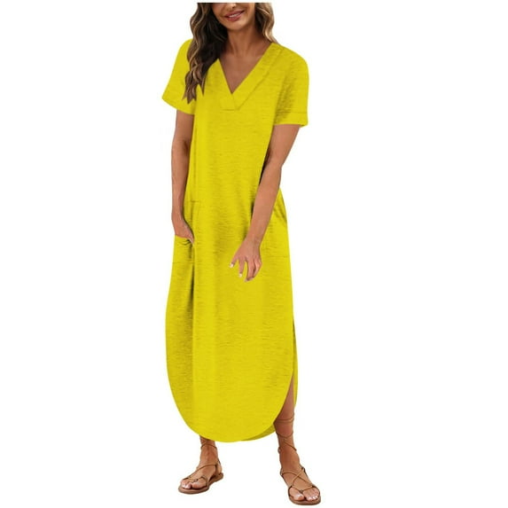Atogsazn Summer Dresses for Women Casual Solid Color Pocket Short Sleeve V-Neck Loose Dress Plus Size Maxi Dresses Yellow XL