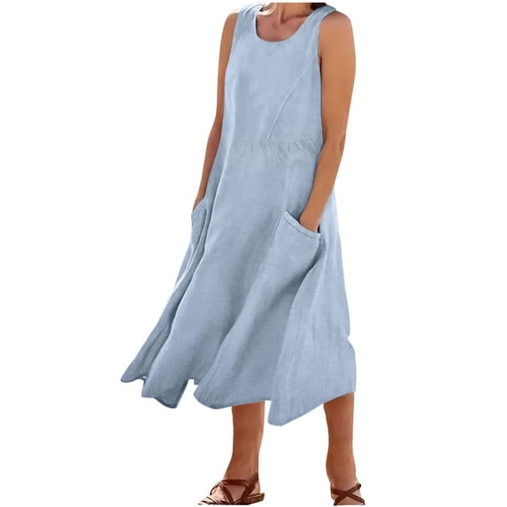 Atogsazn Summer Dresses for Women Plus Size Sleeveless Loose Maxi Dresses Cotton Linen Flowy Casual Dresses with Pockets Light Blue XXL on Clearance