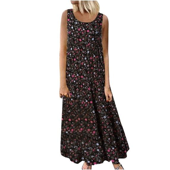 Atogsazn Summer Floral Printed Sundress for Women Casual Loose Sleeveless Maxi Dresses Tank Dress Black L