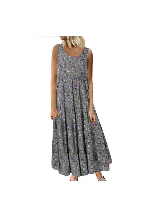Summer Floral Printed Sundress for Women Casual Loose Sleeveless Maxi Dresses Tank Dress Gray M